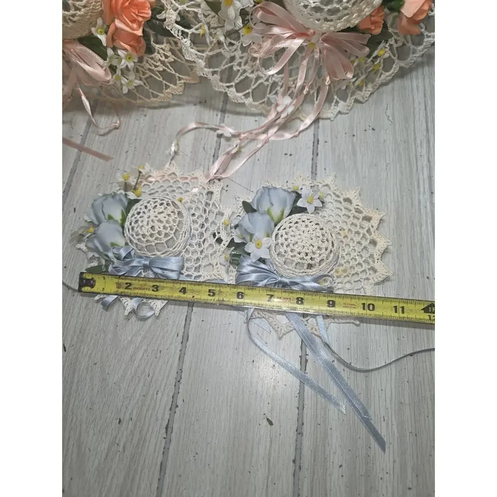 Vtg Hand Crocheted Starched Shabby Chic Decorated Hats Boho Heritage Set 4 Read